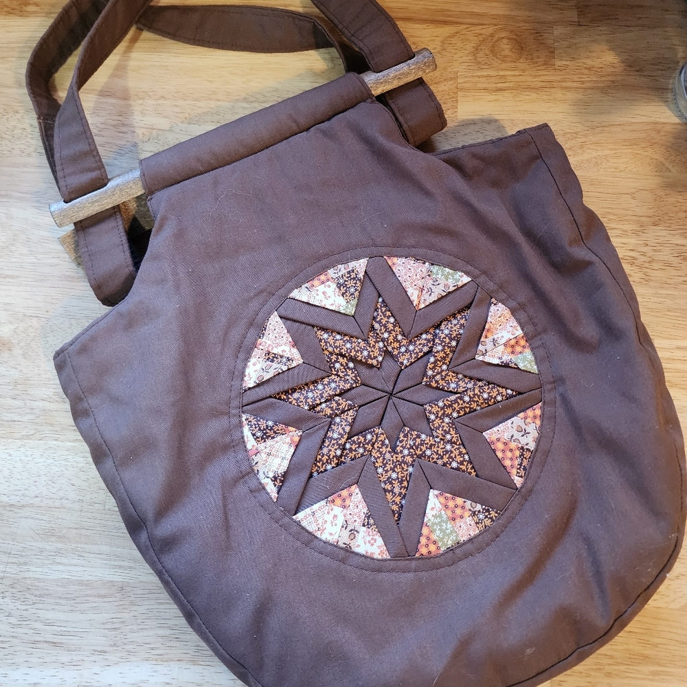 Vintage Handmade Quilted Star Pattern Purse with Wooden and Cloth Handles